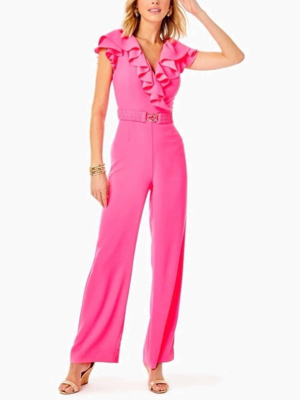 Lilly Pulitzer Hot Pink Ruffled V-Neck Wide-Leg Jumpsuit